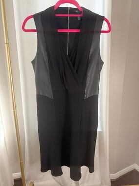 Kenneth Cole Black Sleeveless Faux-Leather Panel Midi Dress